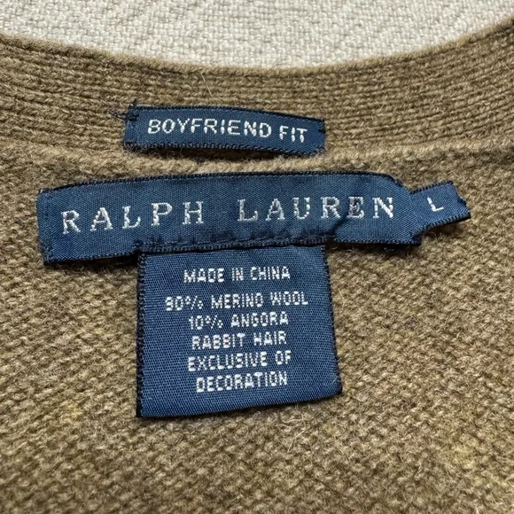 VTG Ralph Lauren Olive Green Wool Angora Vneck Crest Cardigan Sweater L Preppy - Picture 6 of 6